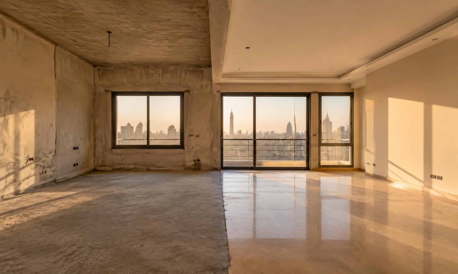 An apartment half in bare concrete, half finished with marble floors and painted walls
